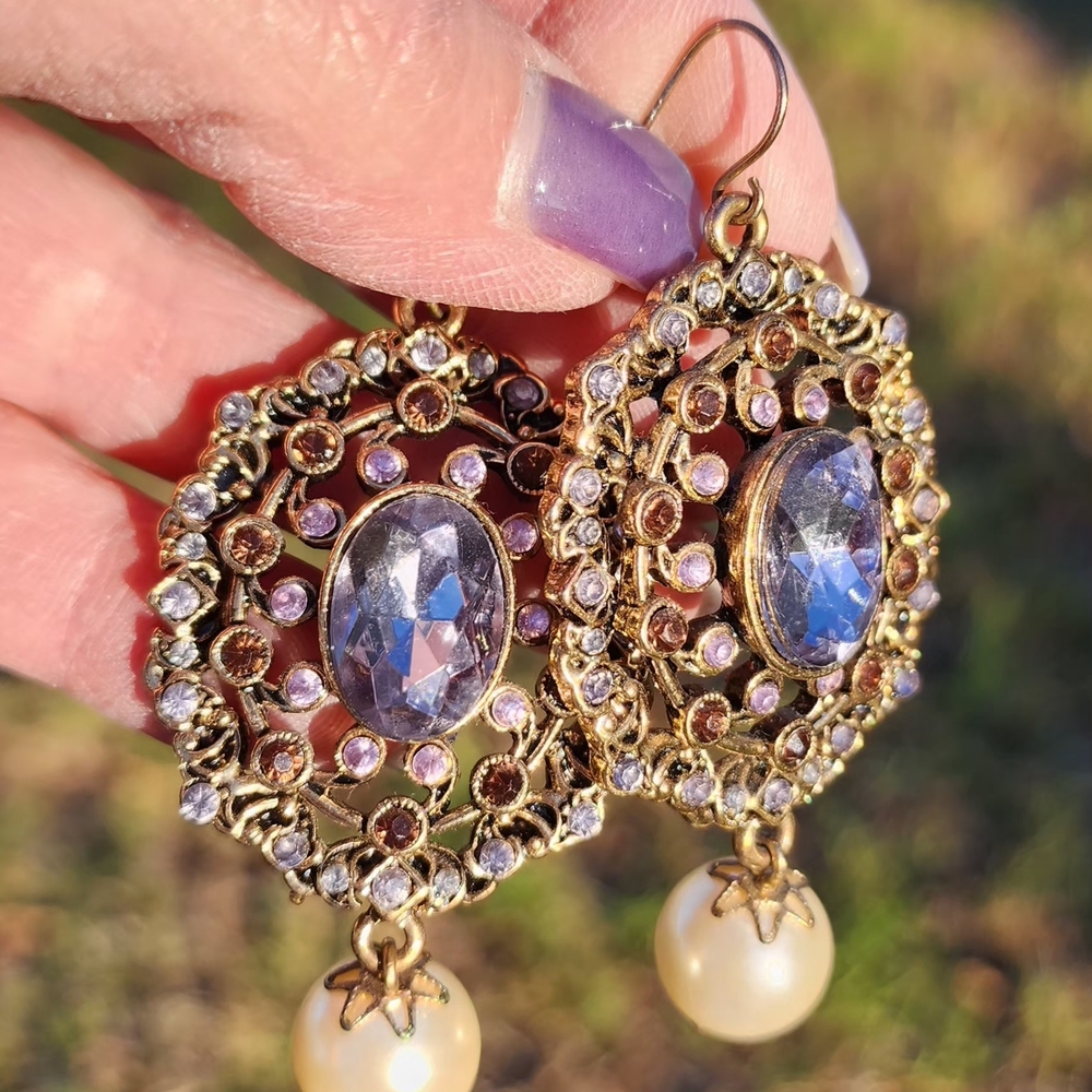 Elegant Costume Gold, Purple And Pearl Earrings